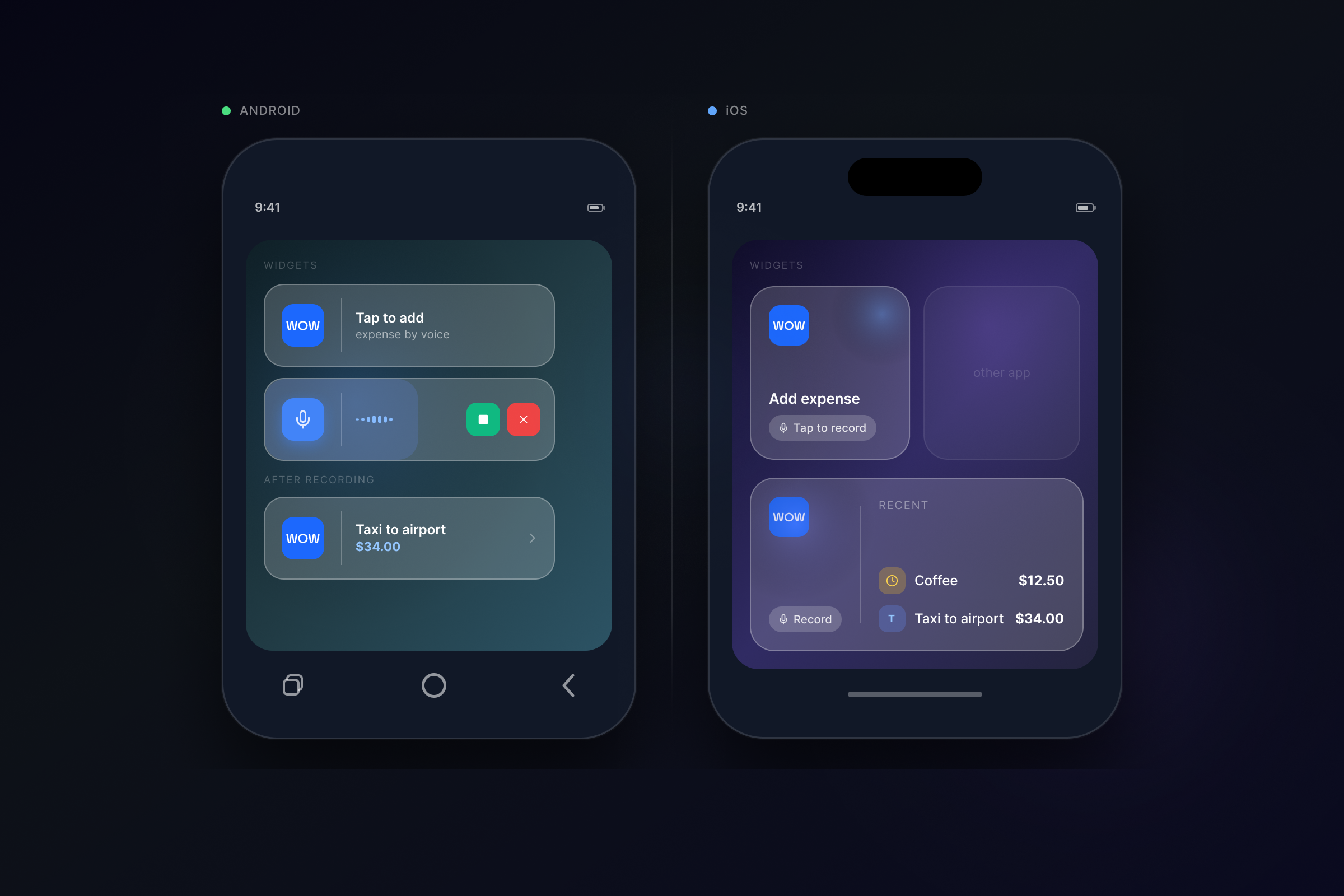Side-by-side high-res mockup of Android and iOS widgets on the home screen